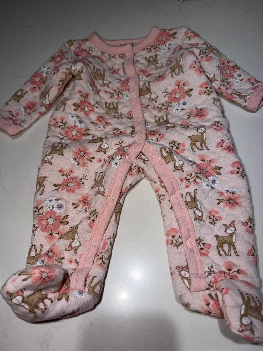 Little Beginnings Quilted Floral deers Baby 1-Piece Pink Coverall 0-3 months